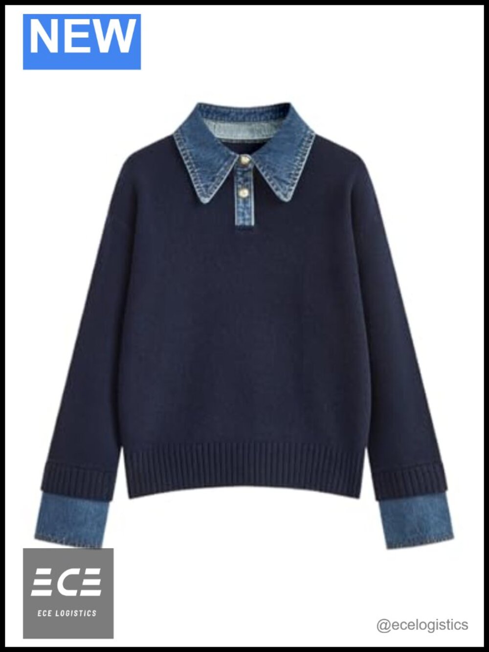 Women's Denim Collar Polo Sweater Long Sleeve Knit Pullover Casual Top